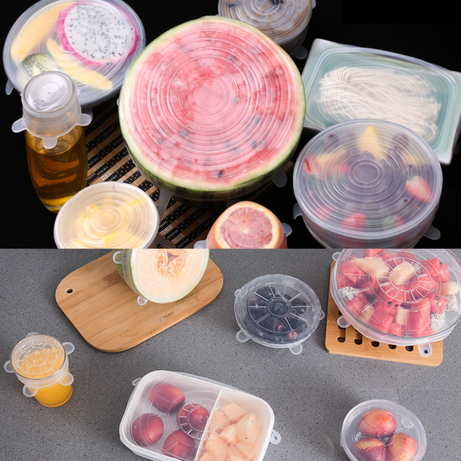 Couvercles en silicone extensibles sur divers contenants et aliments, réutilisables et sans BPA.